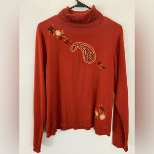 Goodcloths Turtleneck Embroidered Sweater XL Paisley Cotton Orange Holiday